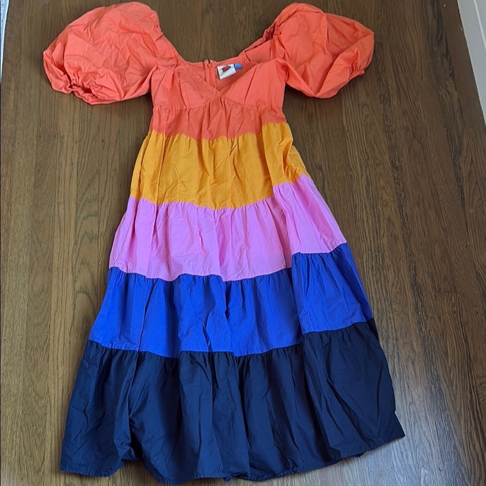 FARM RIO BY ANTHROPOLGIE tiered color block maxi dress size xs petite